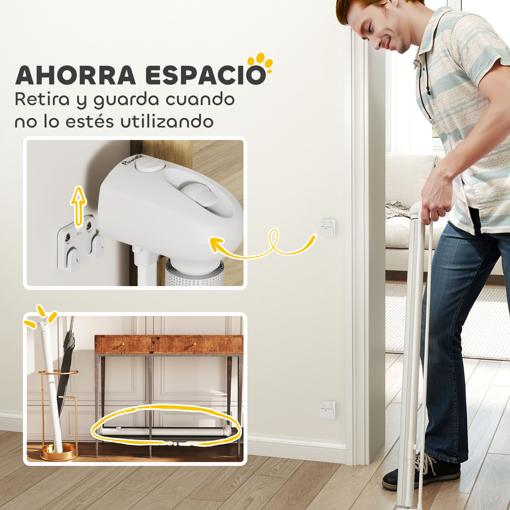 Un hombre está quitando una puerta blanca para mascotas de la pared. El texto superior dice 'Ahorra Espacio'.