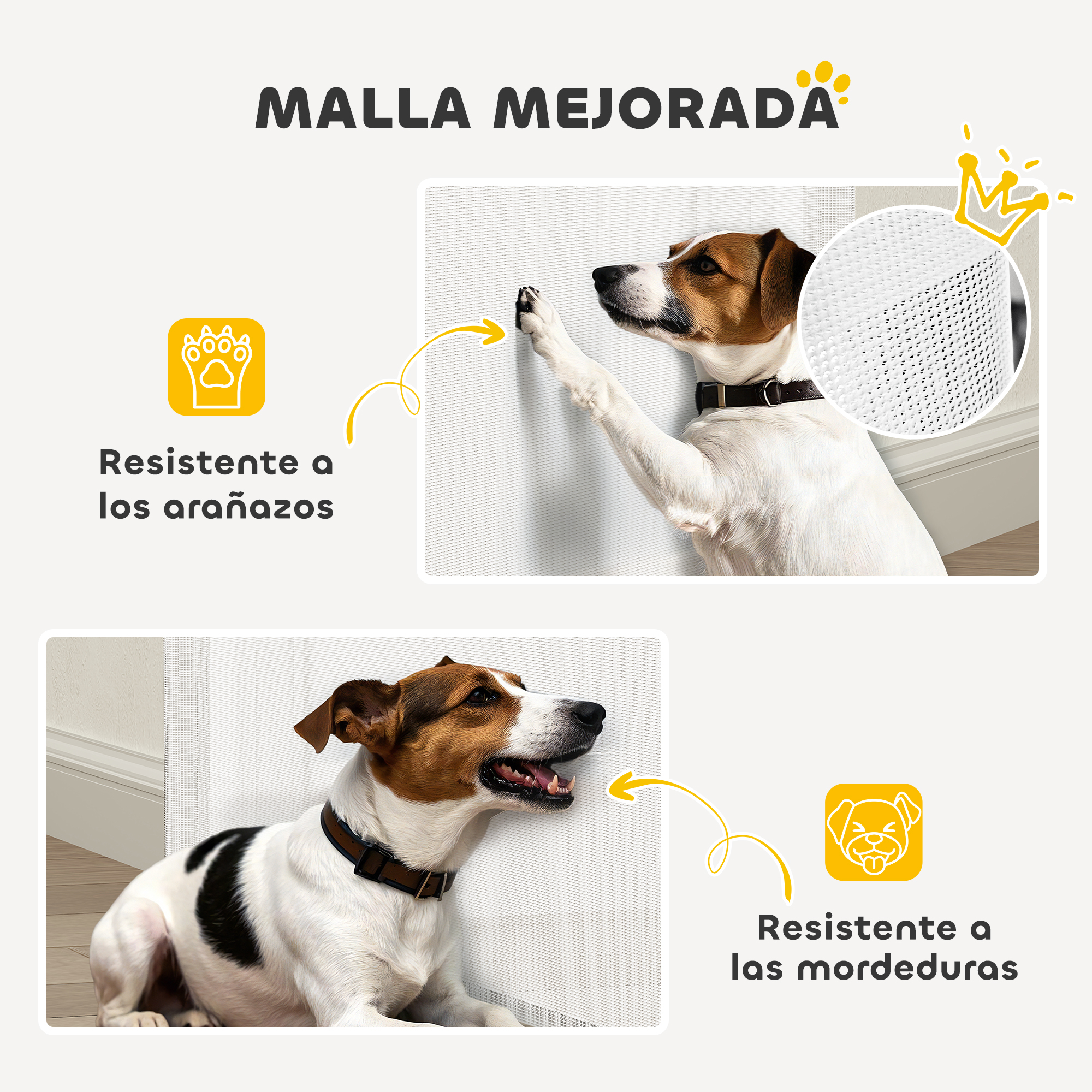 Imagen muestra un perro rascando y mordiendo una malla blanca. Los textos dicen que es resistente a arañazos y mordeduras.