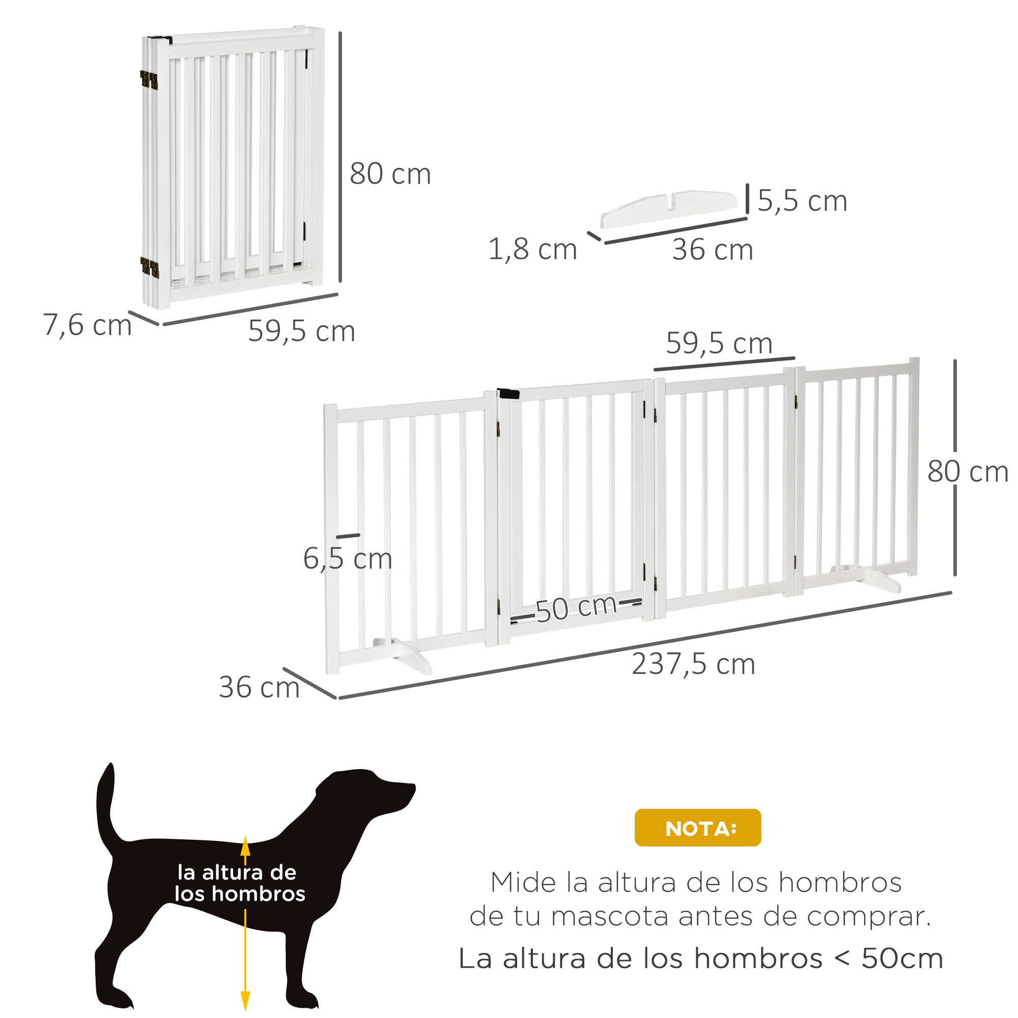 Imagen muestra dimensiones de una puerta para perros blanca. Tiene paneles y una puerta con medidas en cm y silueta de perro.