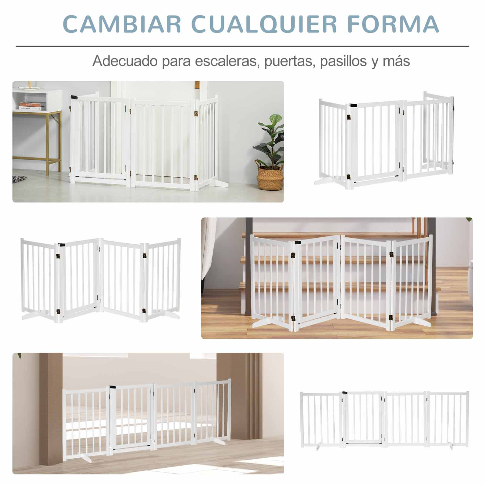 Múltiples ejemplos de una puerta blanca para mascotas en diferentes configuraciones. El texto superior dice 'Cambiar cualquier forma'.