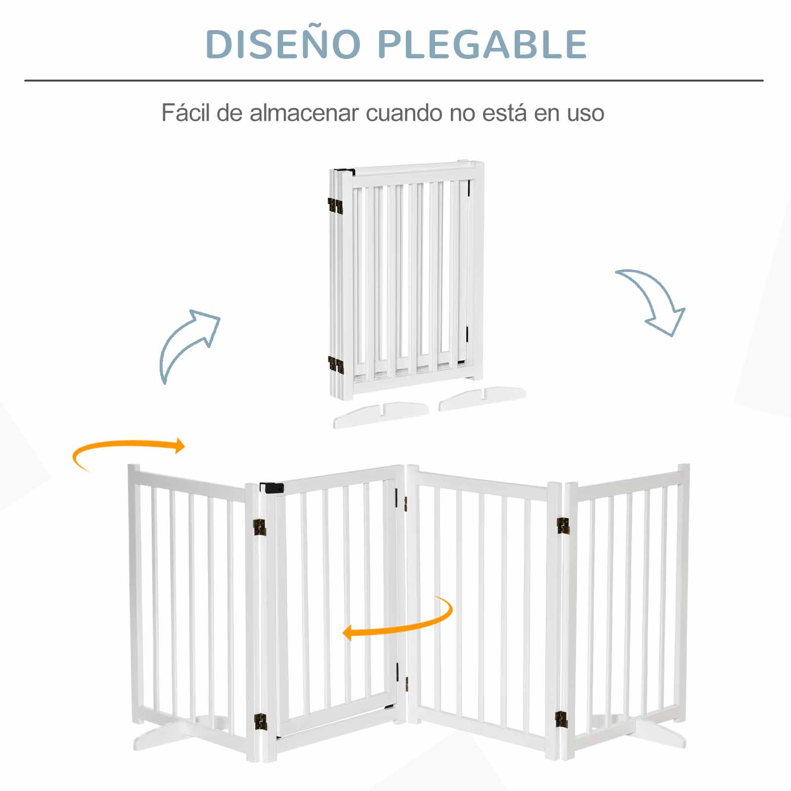 Una puerta blanca plegable para mascotas sobre fondo blanco. El texto superior dice 'Diseno Plegable'.