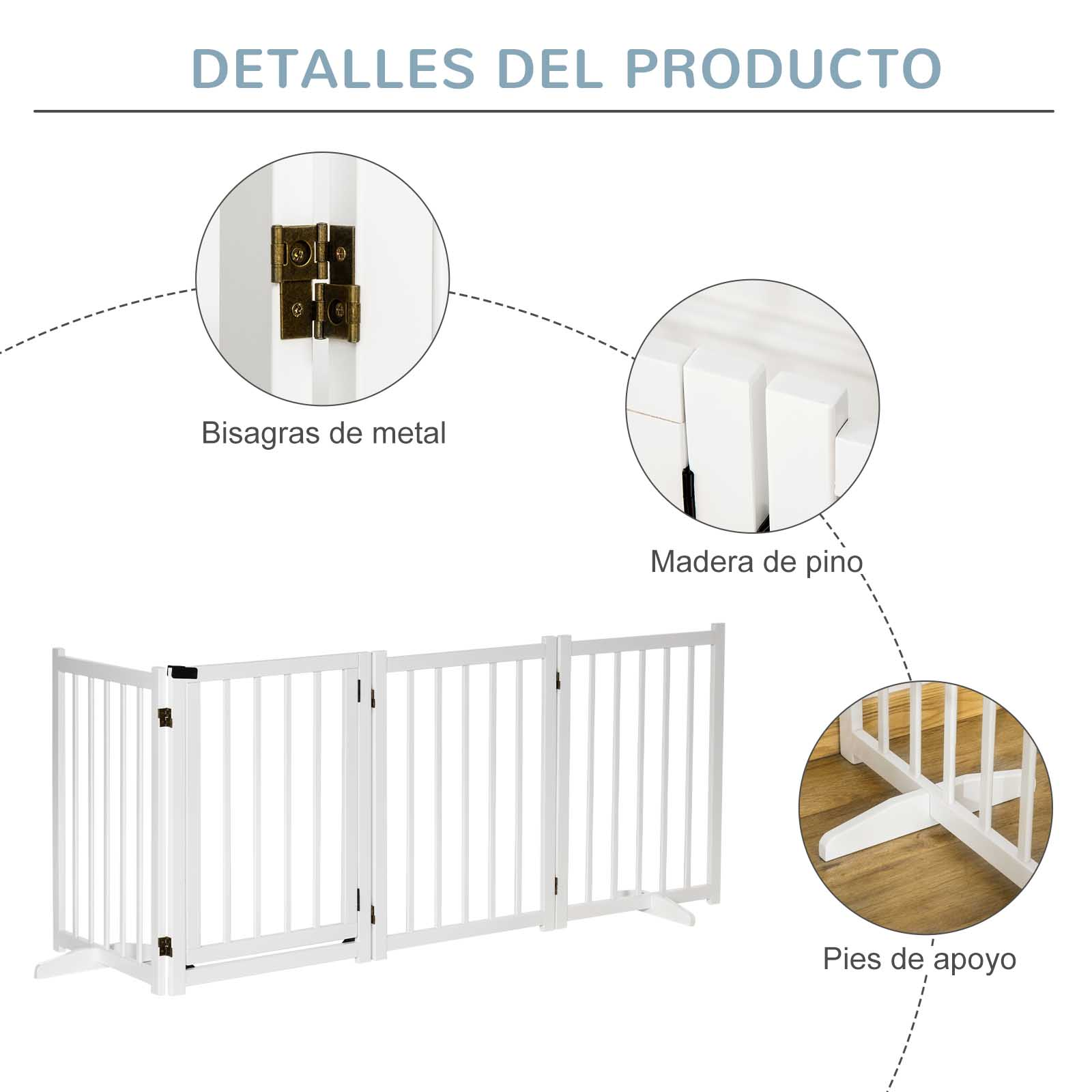 Detalles de una puerta blanca para mascotas. Se muestran bisagras metálicas, madera de pino y pies de apoyo.