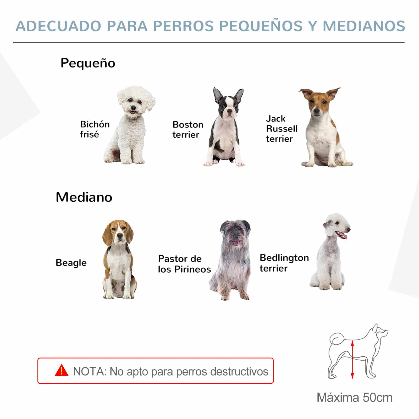 Una puerta para mascotas con razas de perros pequeños y medianos. El texto dice 'Adecuado para perros pequeños y medianos'.