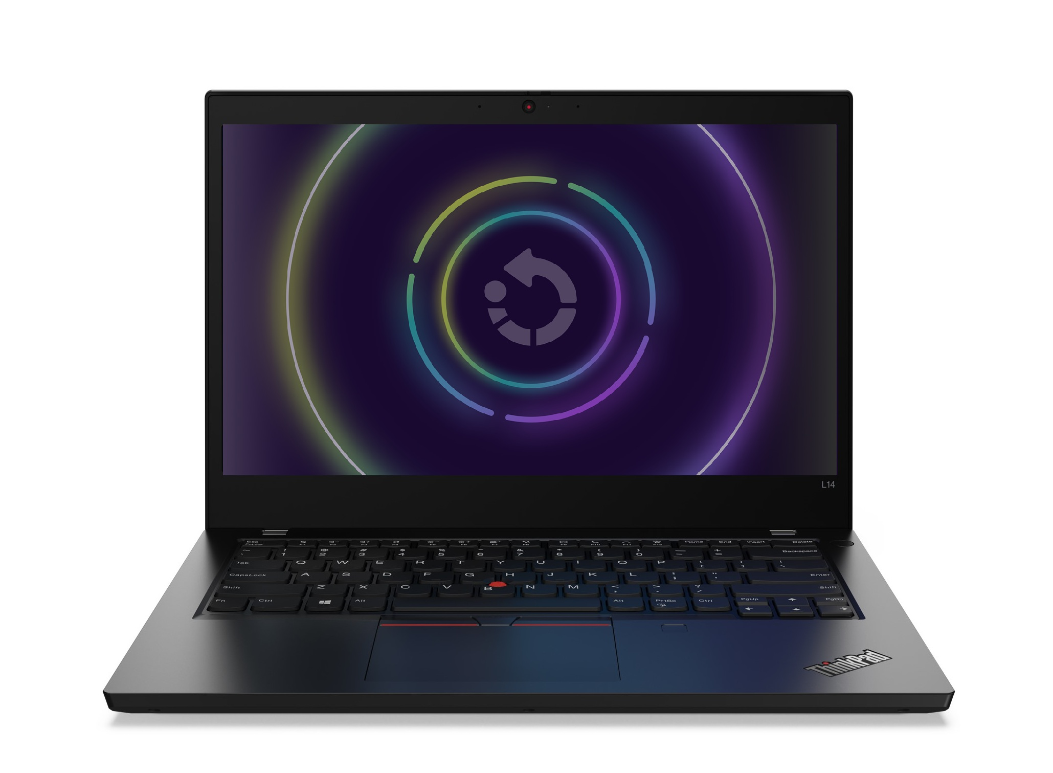Ein schwarzes Thinkpad L14-Laptop, geöffnet auf einer weißen Oberfläche. Der Bildschirm zeigt eine Lade-Grafik mit kreisförmigen Pfeilen.