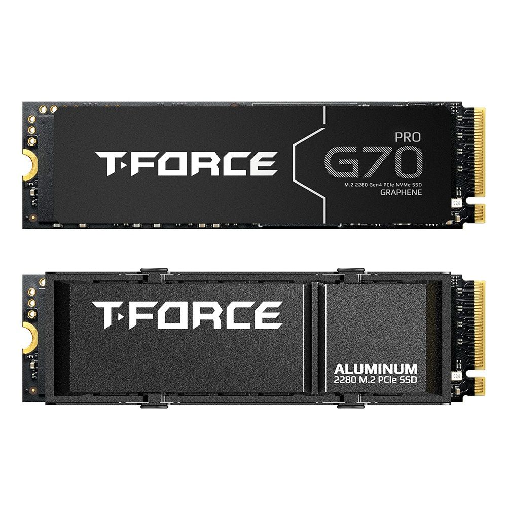 Dwa dyski SSD. Góra: T-FORCE G70. Dół: T-FORCE, Aluminium 2280 M.2 PCIe SSD.