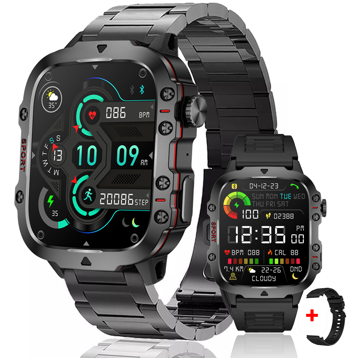 Schwarze Smartwatch mit Metallband. Zeigt Zeit, Herzfrequenz und Schritte an.
