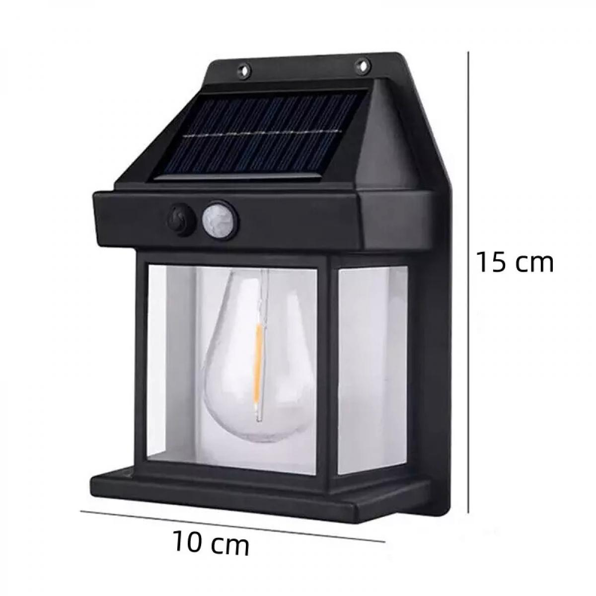 Schwarze Solarleuchte mit den Maßen 10 cm x 15 cm. Sie hat ein Solarpanel und ein Licht.