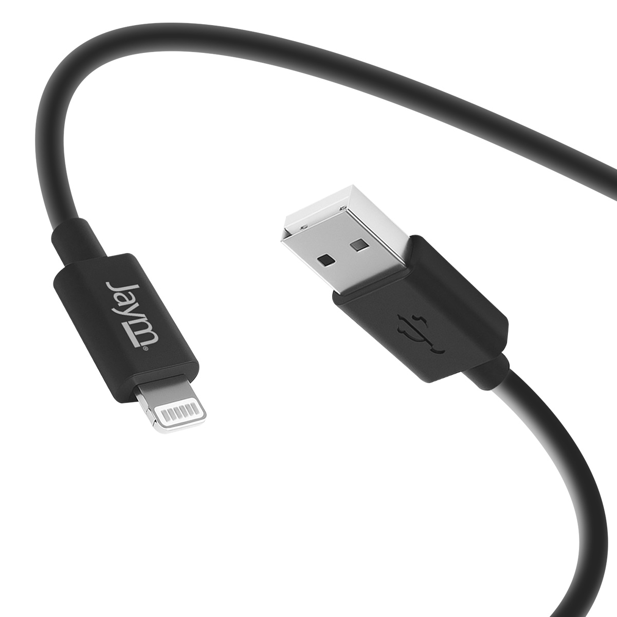 Câble noir USB vers lightning. Une extrémité est USB, l'autre lightning, les deux sont visibles.