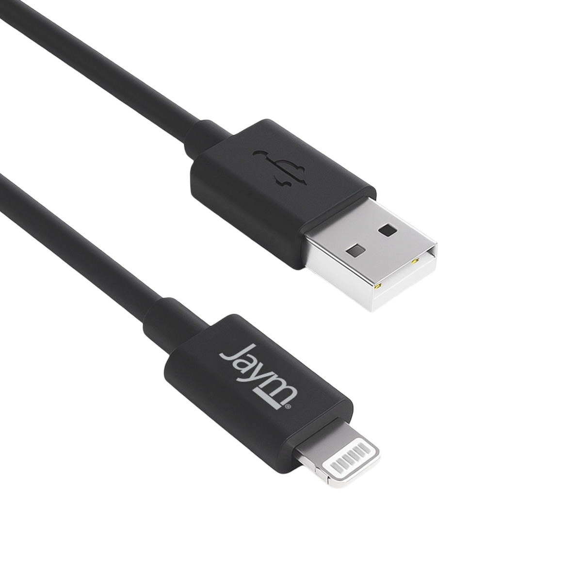 Câble noir USB vers lightning. Les extrémités USB et lightning sont visibles.
