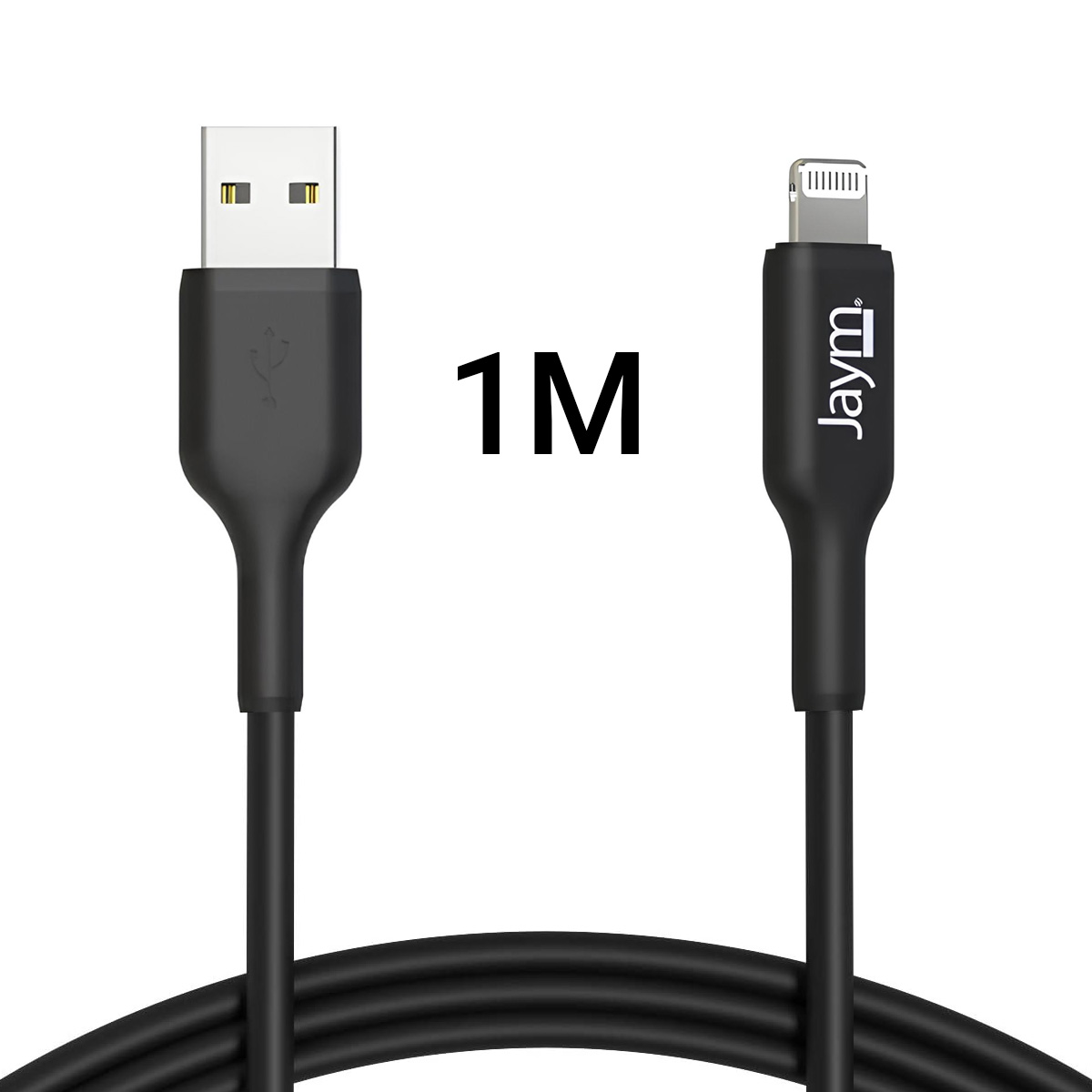 Câble noir USB vers lightning, 1 mètre de long, avec les deux extrémités visibles.