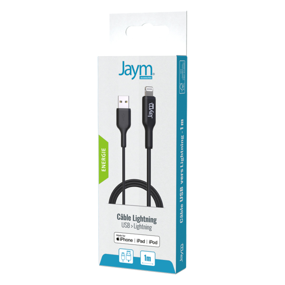 Un câble USB vers Lightning dans son emballage. La boîte est blanche et bleue avec le logo Jaym.