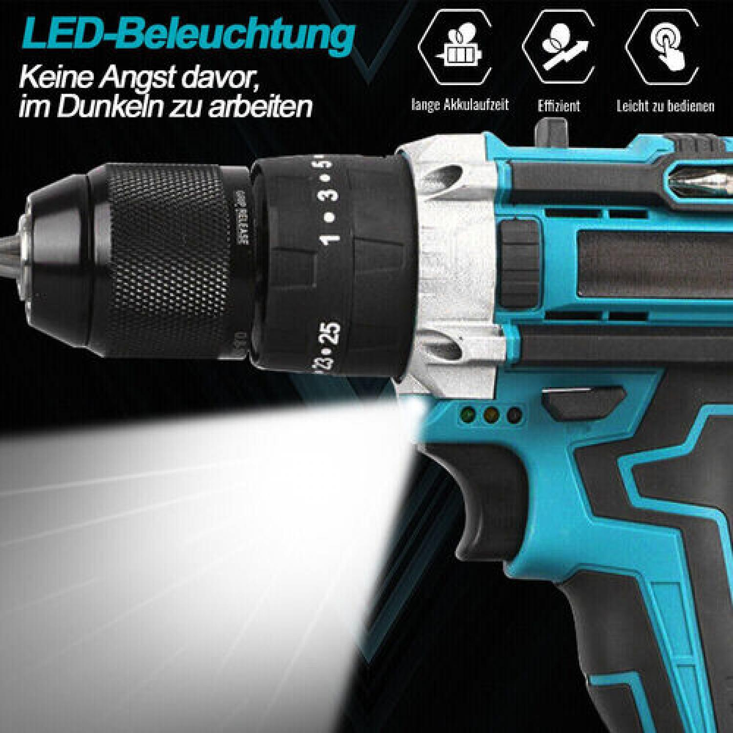 Akku-Bohrmaschine mit LED-Licht und Text. Text sagt 'LED-Beleuchtung' und 'Keine Angst'.