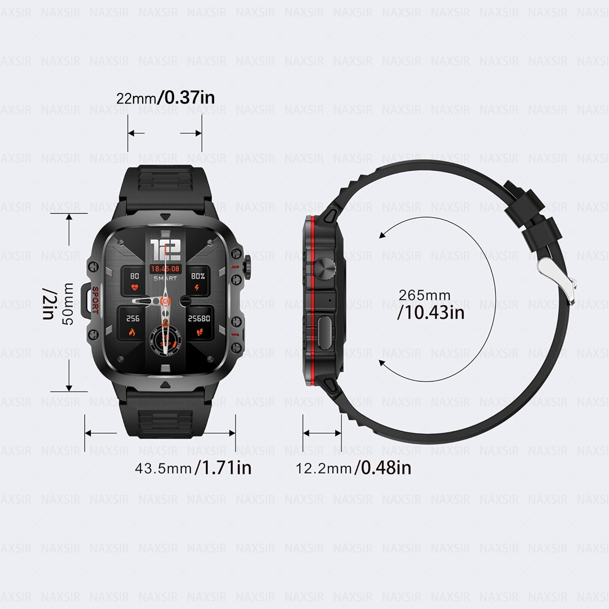 Smartwatch mit Abmessungen, die Zeit, den Akku und Fitnessdaten anzeigen.