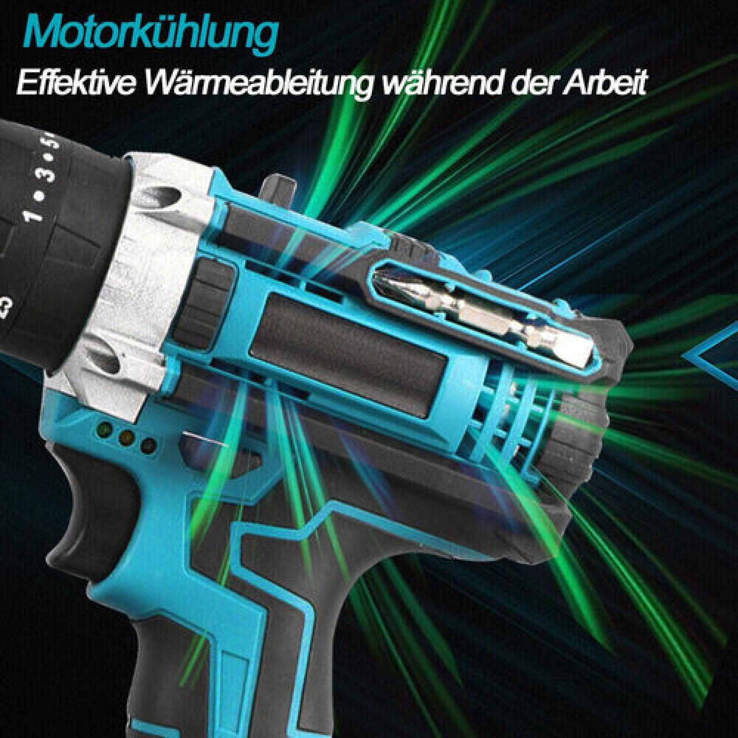 Ein teal- und schwarzfarbener Akkubohrer mit dem Text Motorhhlung. Grüne Lichtstreifen gehen von dem Bohrer aus.