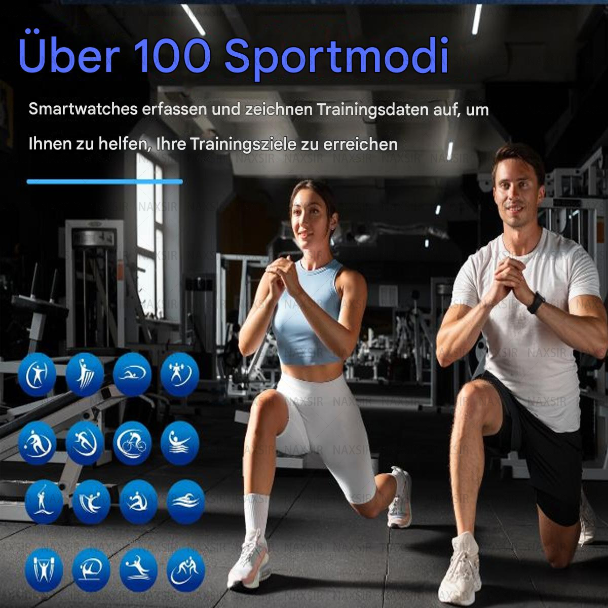 Zwei Personen trainieren in einem Fitnessstudio. Eine Frau macht Ausfallschritte, während ein Mann in der Kniebeuge ist.