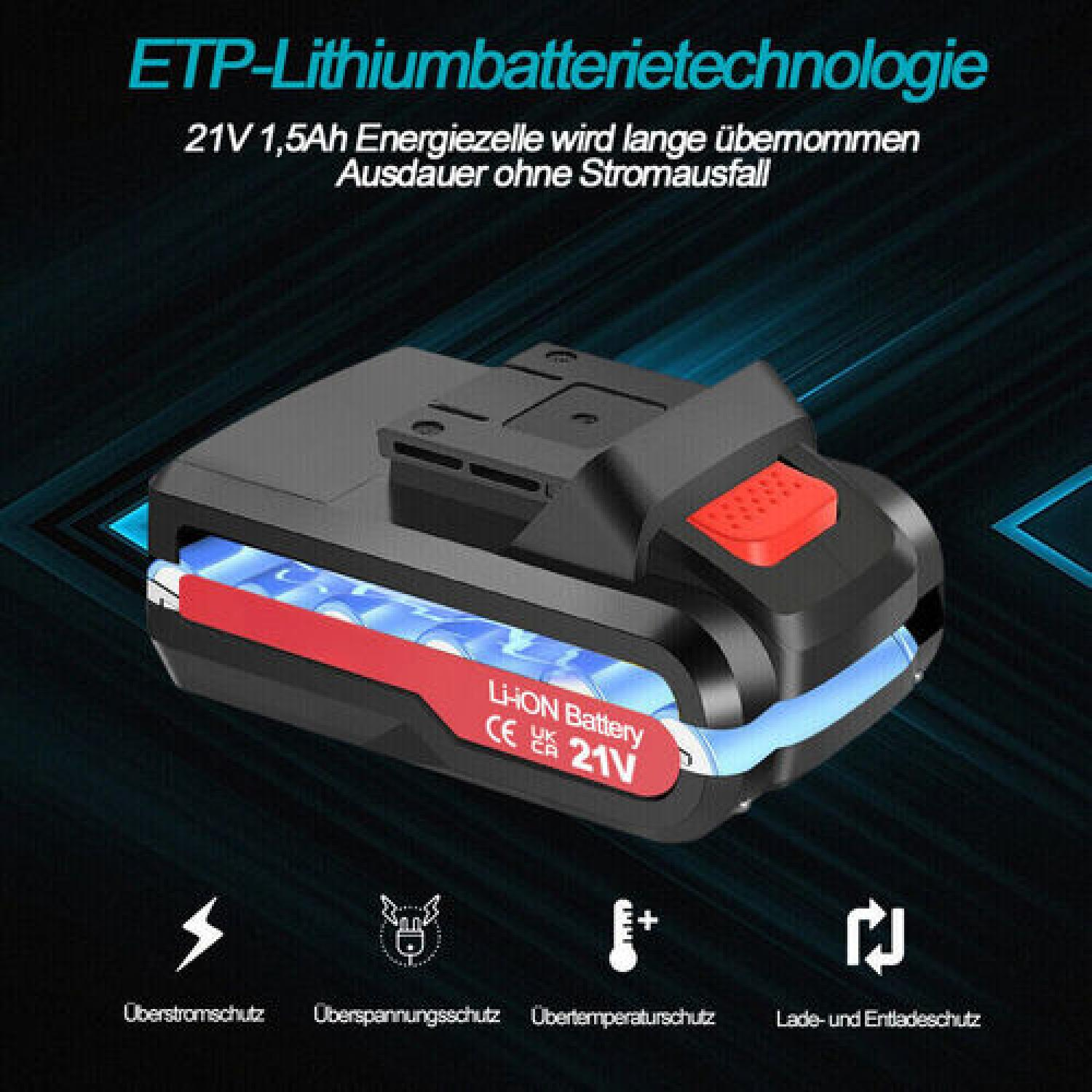 Eine schwarze Batterie mit Etiketten. Sie ist als Li-Ionen-Batterie 21V gekennzeichnet und hat mehrere Sicherheitssymbole.