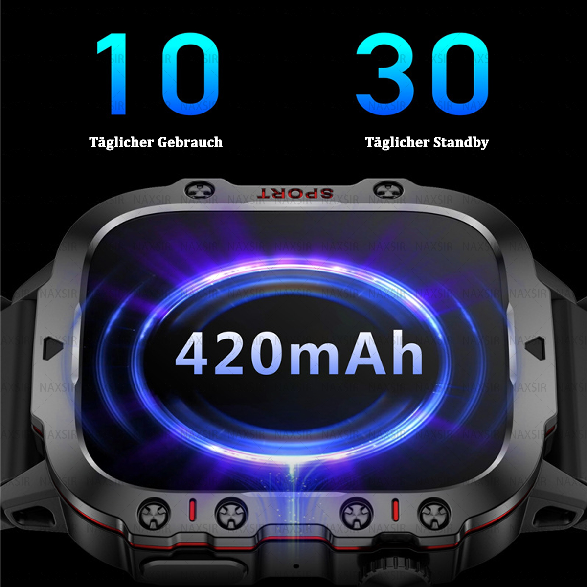 Eine schwarze Smartwatch, die den Batteriestatus anzeigt. Der Bildschirm zeigt 420mAh und die Zahlen 10 und 30.