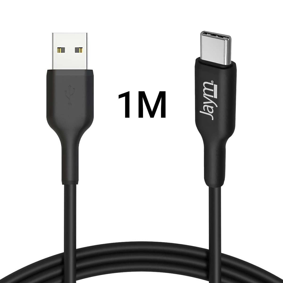 Un cavo USB-C nero con un connettore USB a un'estremità e un connettore USB-C all'altra. Il testo dice 1M.
