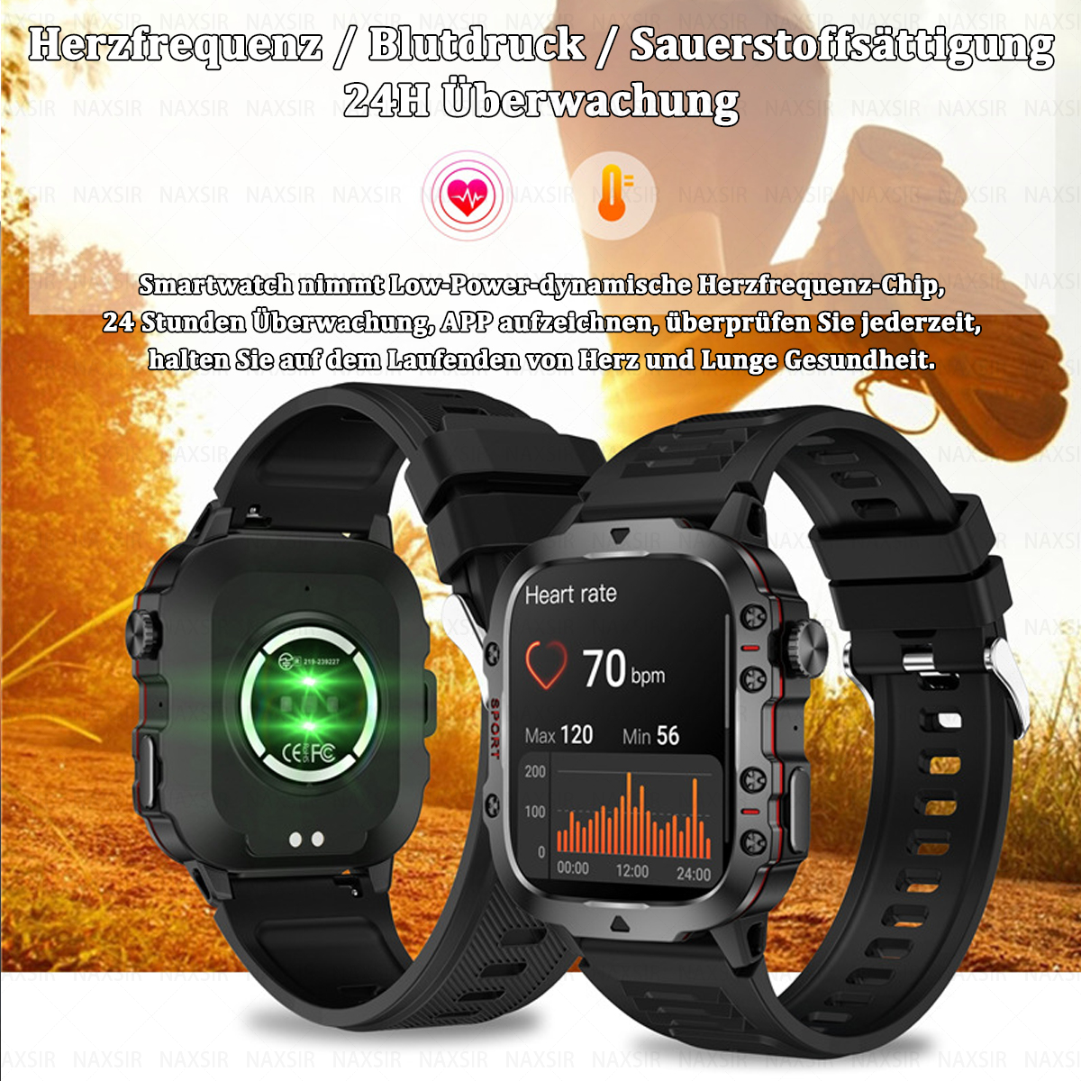 Zwei schwarze Smartwatches mit Datenanzeigen, eine zeigt die Herzfrequenz von 70 bpm, die andere Gesundheitsmetriken.