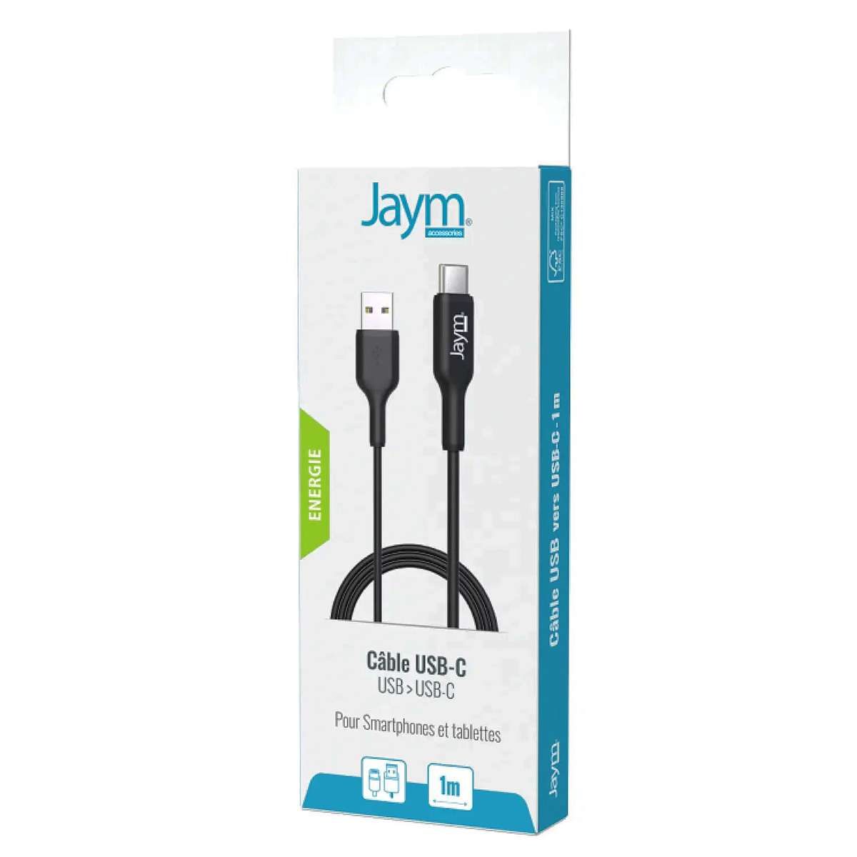 Un cavo USB-C nero in una scatola bianca e verde. La scatola dice Jaym e ha un diagramma di telefoni.