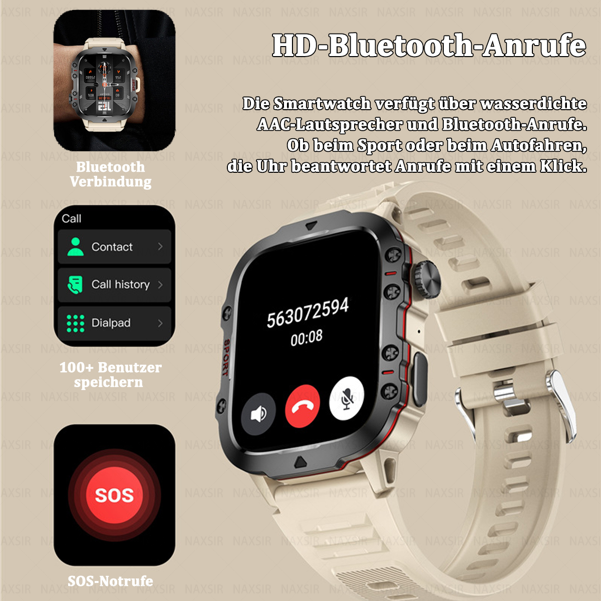 Eine beige Smartwatch zeigt einen Anrufbildschirm mit einer Telefonnummer und verschiedenen Optionen. Schwarzes Armband.