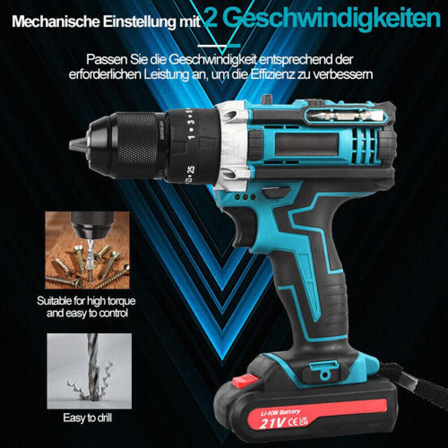 Eine türkisblaue und schwarze Bohrmaschine mit Text über ihre Funktionen. Die Bohrmaschine befindet sich auf einem schwarz-weißen Hintergrund mit einem Bohrer.