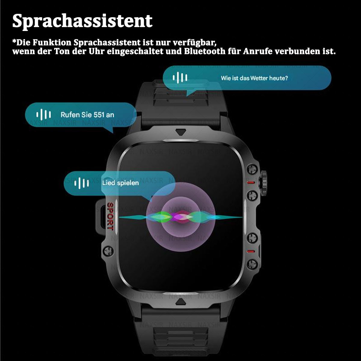 Eine Smartwatch-Oberfläche, die Informationen anzeigt. Die Uhr ist schwarz mit grünen und lila Akzenten auf schwarzem Hintergrund.