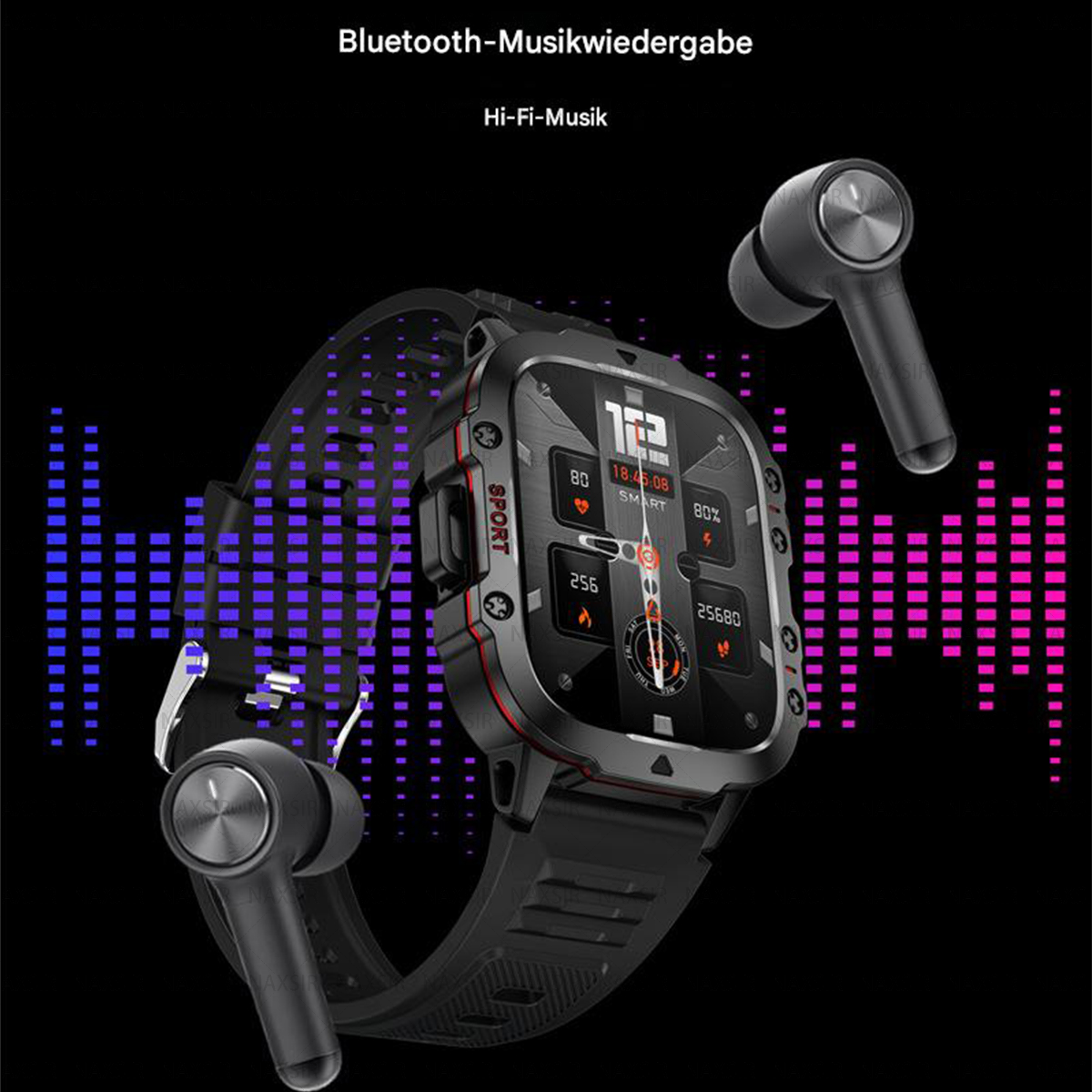 Smartwatch mit Ohrhörern. Zeigt eine Musiksteuerungsoberfläche, mit Schallwellen im Hintergrund.