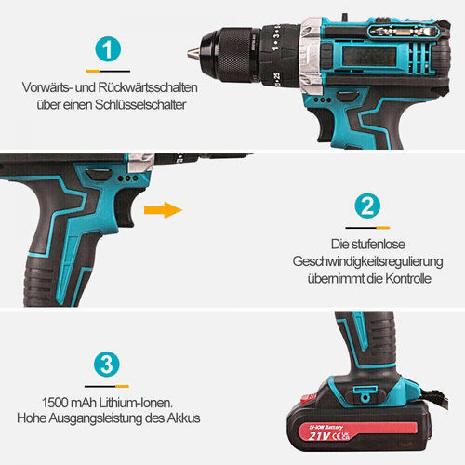 Nahaufnahme einer türkisblauen und schwarzen Bohrmaschine mit 3 beschrifteten Merkmalen. Die Bohrmaschine befindet sich auf einem schwarz-weißen Hintergrund.