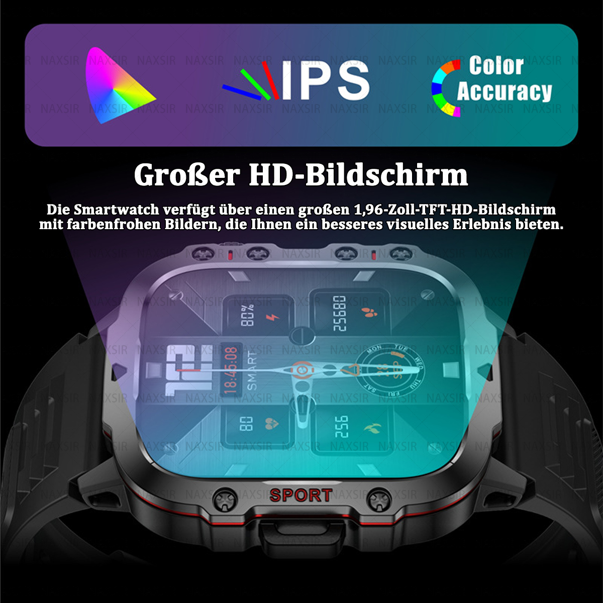 Smartwatch-Bildschirm, der Daten, Farbgenauigkeit und ein HD-Display zeigt.