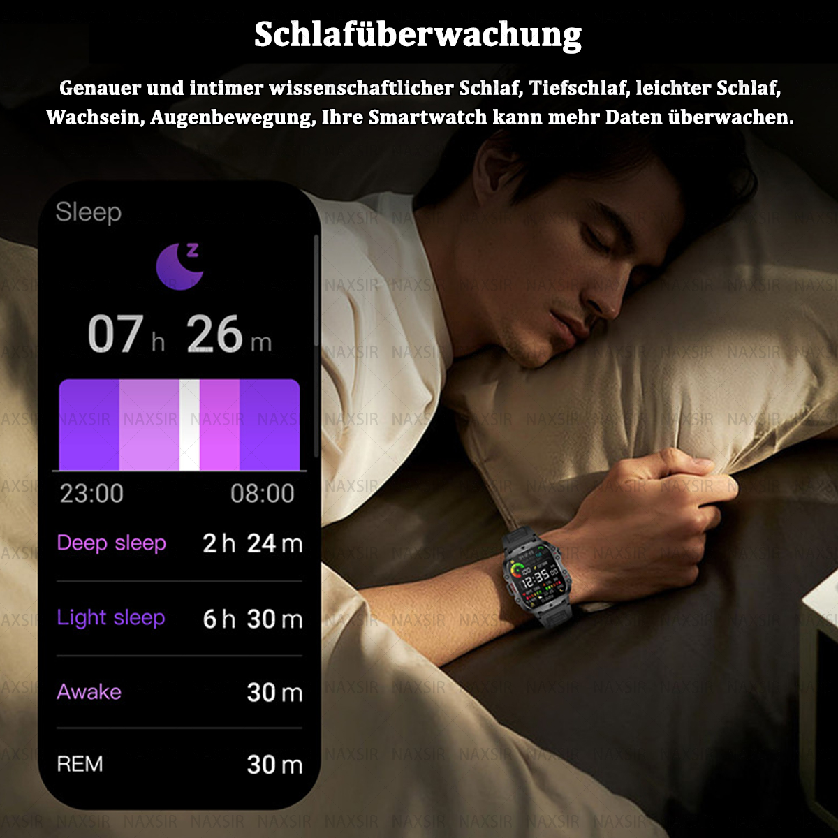 Eine Person schläft mit einer Smartwatch am Handgelenk, die Schlaftracking-Metriken und -Zeit anzeigt.