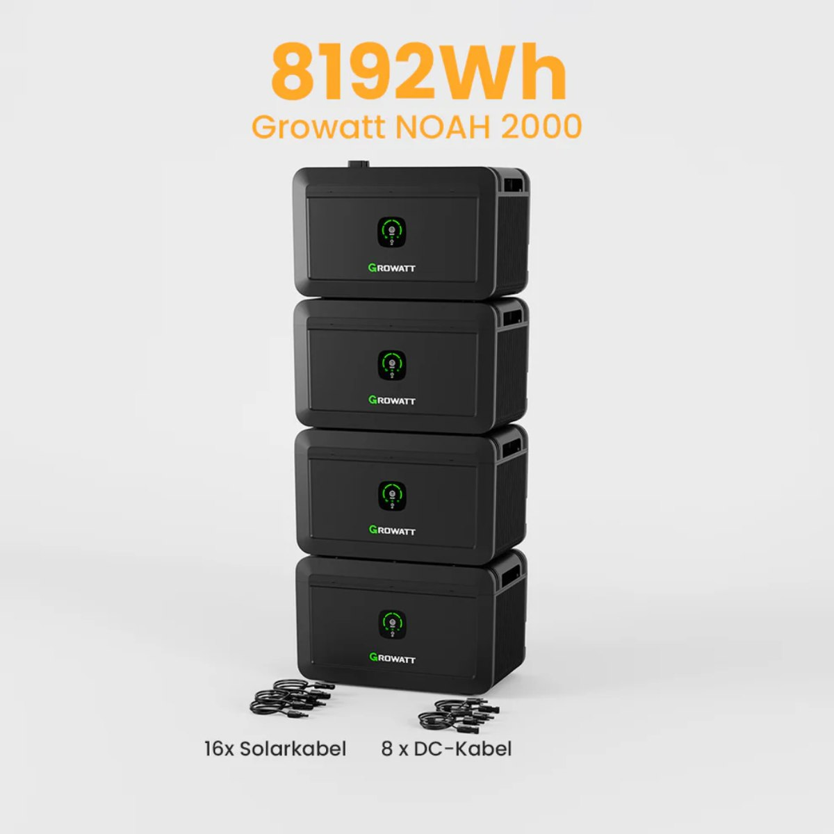 Vier schwarze Growatt NOAH 2000 Einheiten gestapelt, mit 16 Solar- und 8 DC-Kabeln davor.