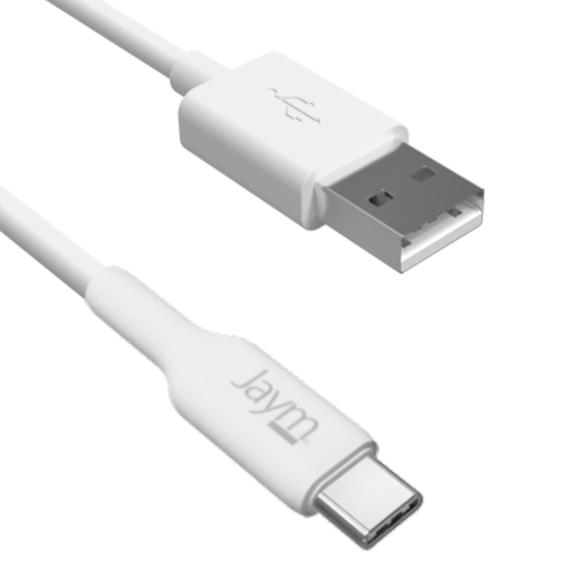 Ein weißes USB-C-Kabel mit einem USB-Anschluss an einem Ende und einem USB-C-Anschluss am anderen.