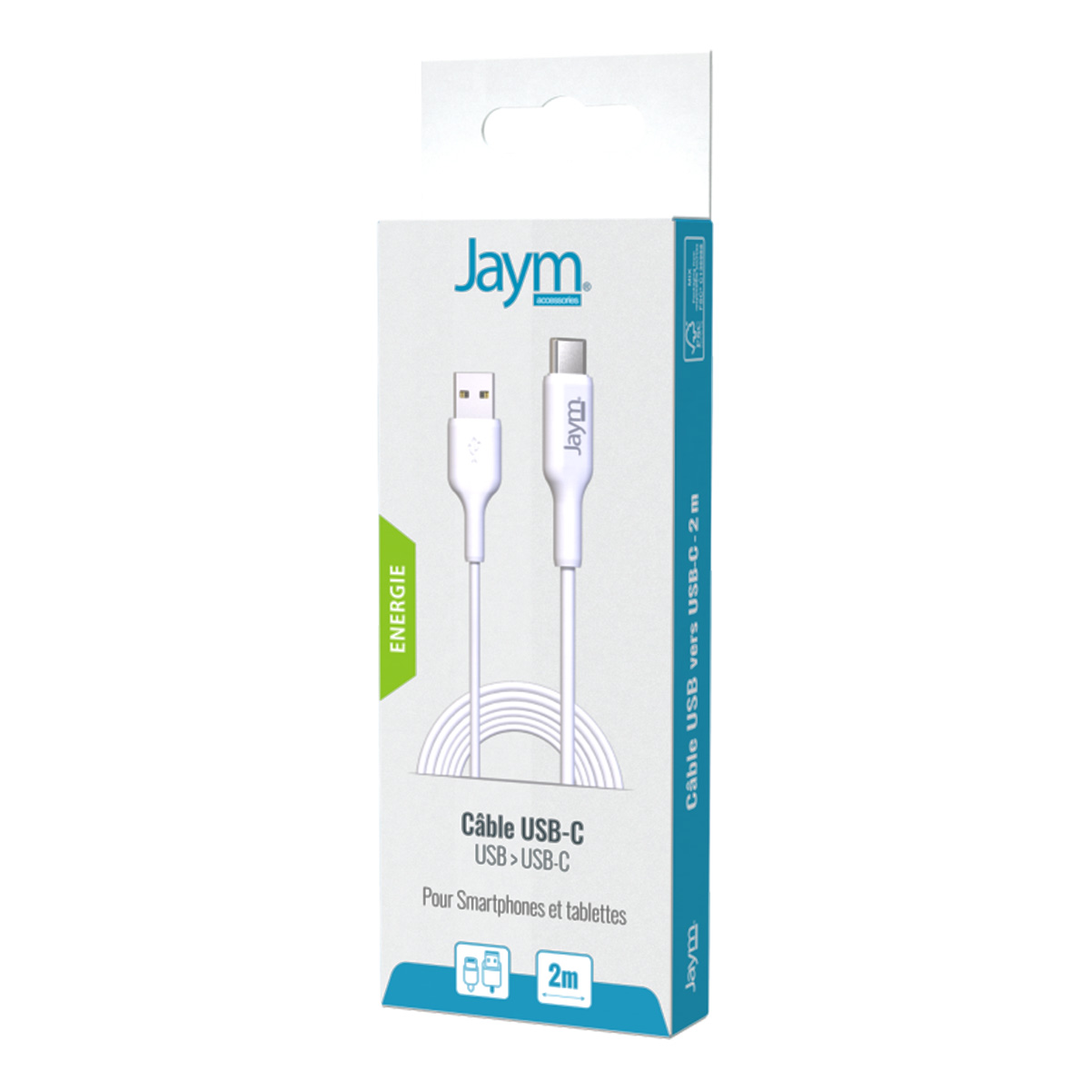 Eine Schachtel mit einem weißen Kabel, das für die USB-C-Nutzung gekennzeichnet ist.