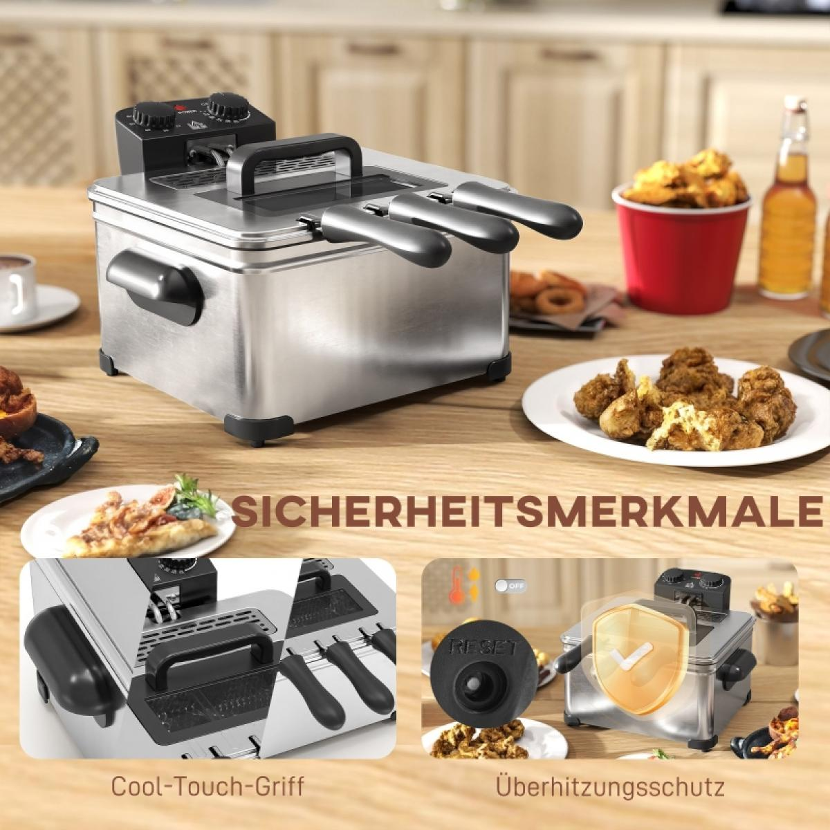 Eine Edelstahl-Fritteuse mit Griffen, mit frittierten Speisen und Sicherheitsmerkmalen.