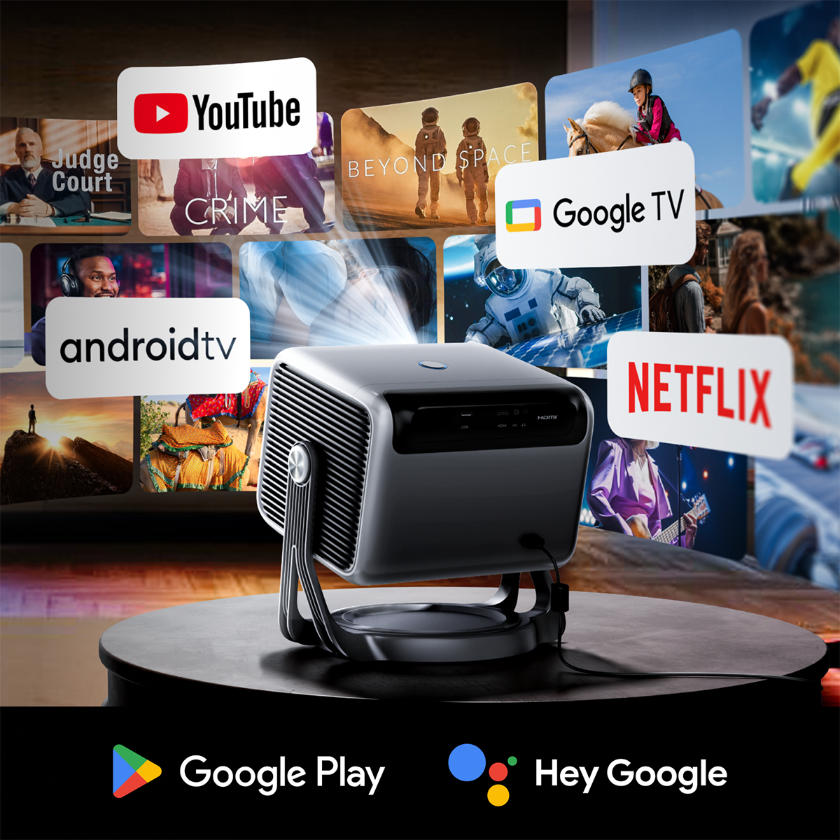 Ein Projektor zeigt Bilder verschiedener Streaming-Dienste und Apps, darunter YouTube, Netflix und Google TV.