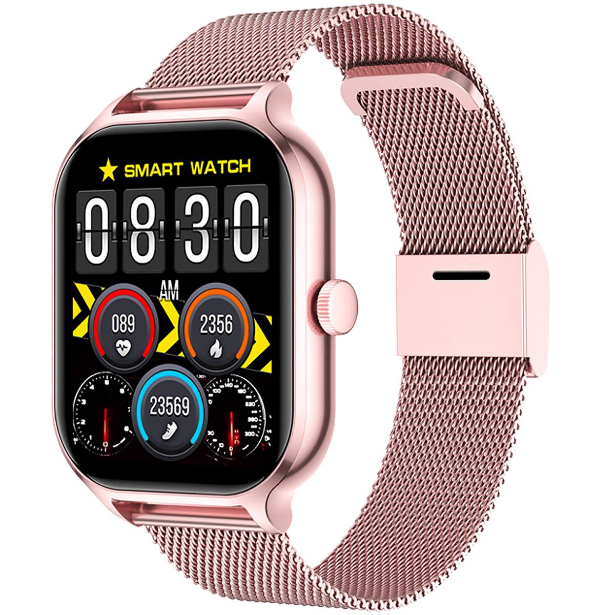 Eine roségoldene Smartwatch mit Mesh-Armband, die Zeit und Gesundheitsmetriken auf dem Bildschirm anzeigt.