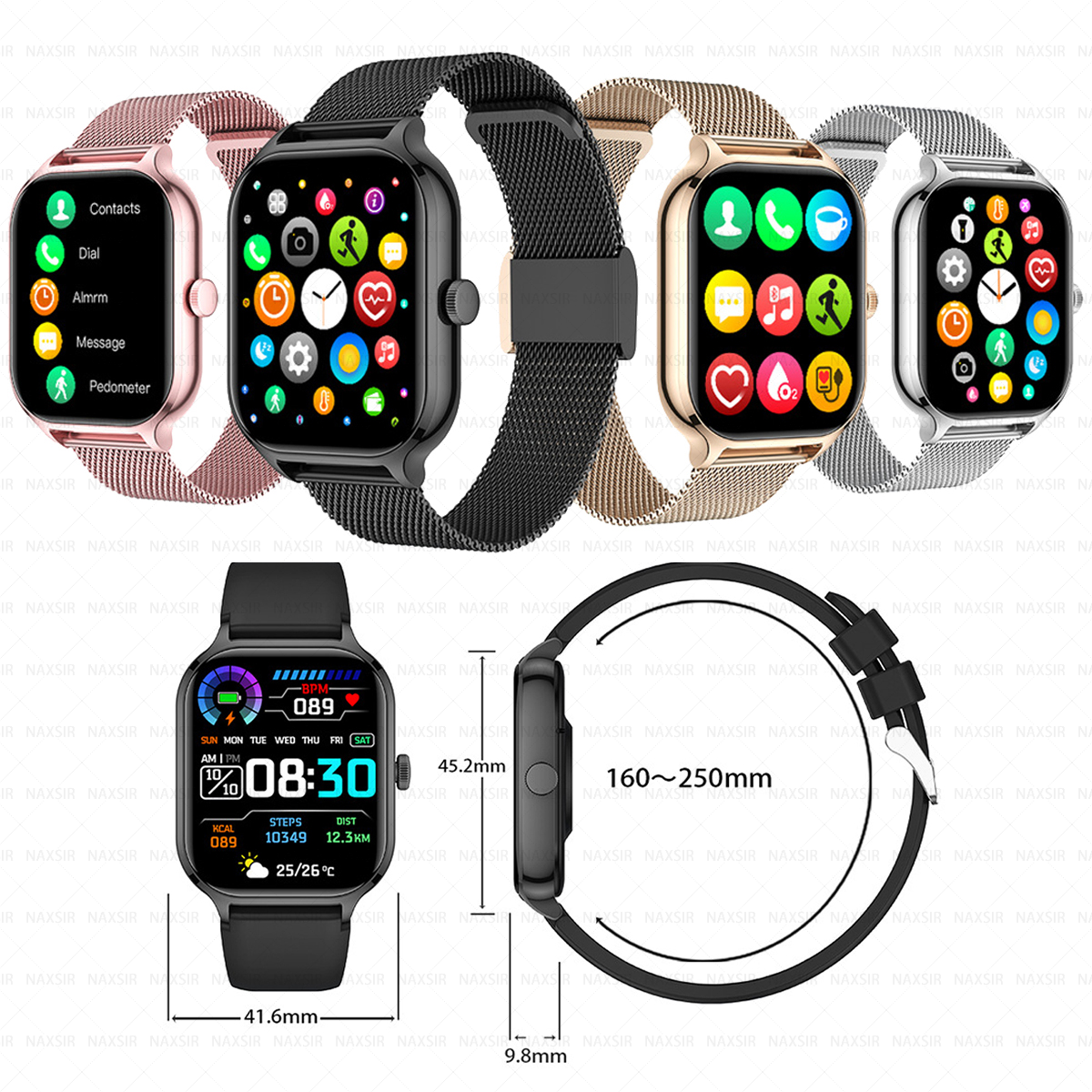 Eine Smartwatch mit mehreren Bildschirmen, die verschiedene App-Symbole und ein schwarzes Mesh-Armband zeigen.