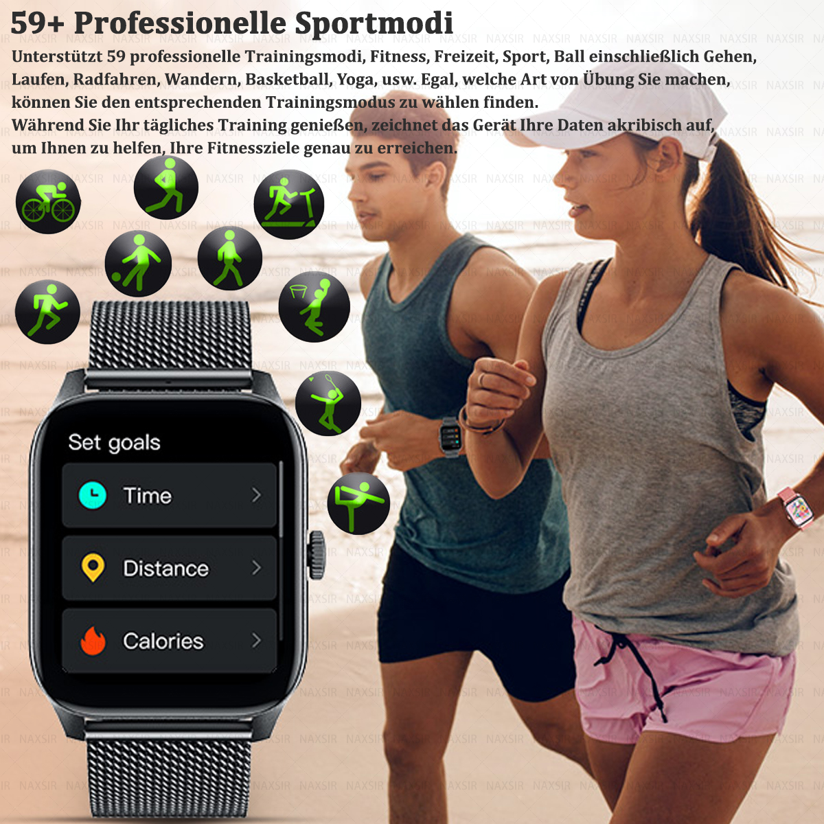 Mann und Frau laufen, Smartwatch-Oberfläche mit Fitness-Symbolen.