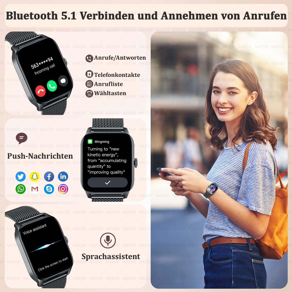 Eine Frau benutzt eine Smartwatch, die eine Telefonanrufschnittstelle zeigt, mit anderen, die Smartwatches benutzen.