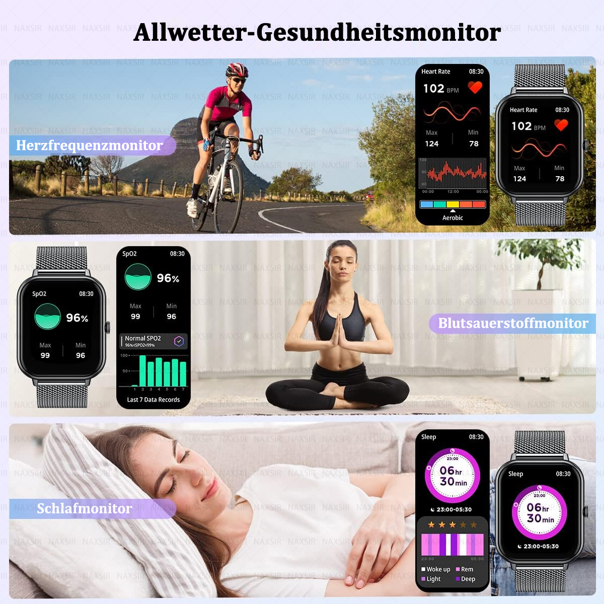 Eine Smartwatch mit verschiedenen Gesundheitsdatenanzeigen, die Herzfrequenz, SpO2, Schlafüberwachung usw. zeigt.