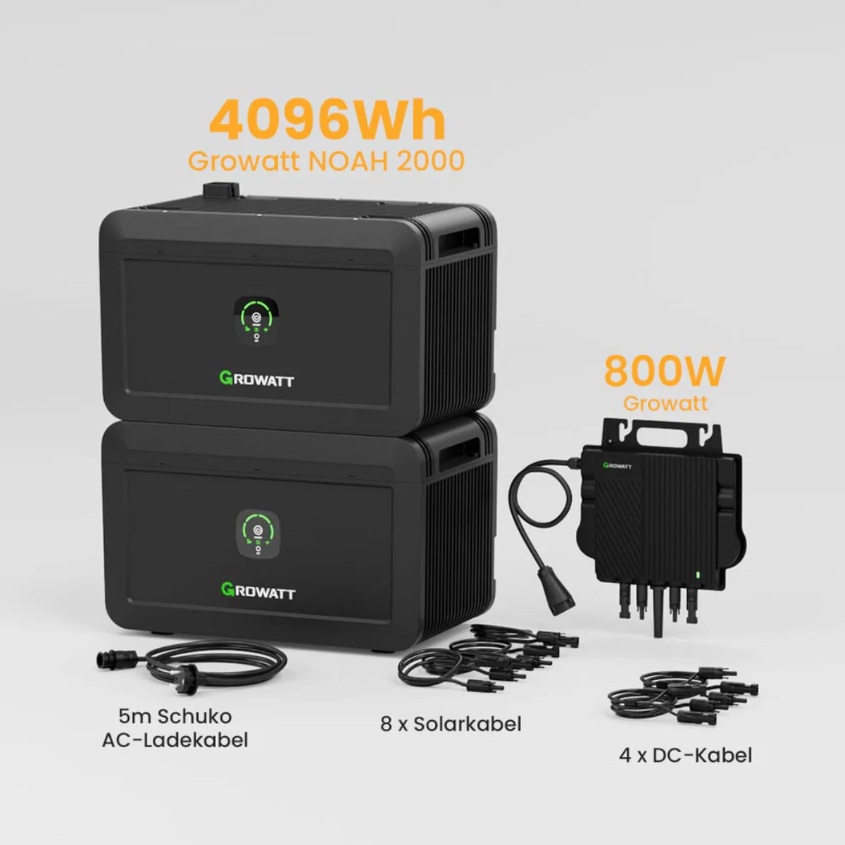 Two black Growatt NOAH 2000 power stations stacked, with an 800W Growatt inverter and cables.