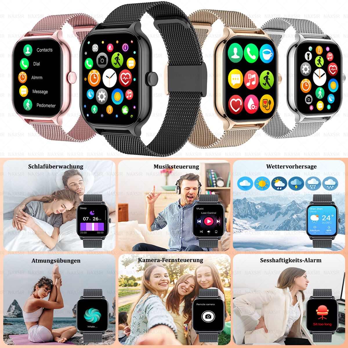 Mehrere Smartwatches mit verschiedenen Anzeigen. Szenen umfassen Schlaftracking, Musiksteuerung und Wettervorhersagen.