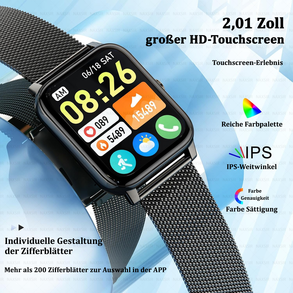 Nahaufnahme einer Smartwatch, die Zeit, Datum, Schritte und andere Daten anzeigt.