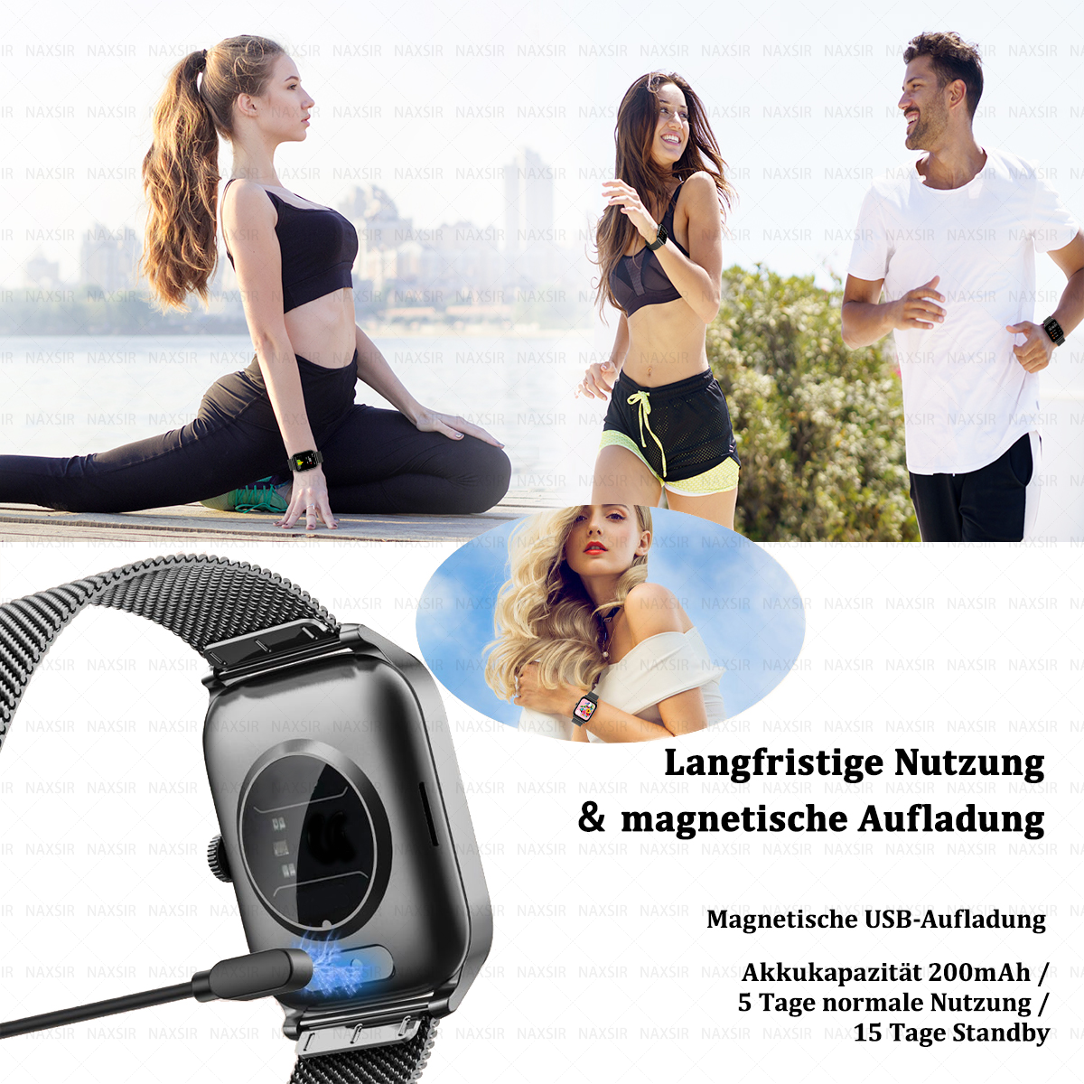 Menschen im Hintergrund beim Sport. Eine Frau trägt eine Smartwatch mit einem Ladekabel.