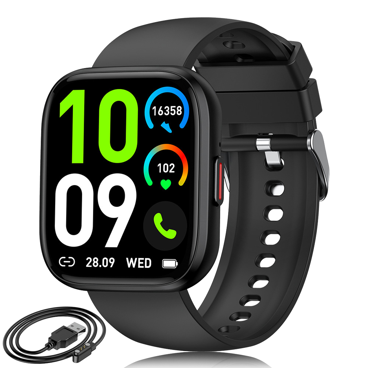 Eine schwarze Smartwatch mit digitaler Anzeige, die Zeit, Herzfrequenz, Schritte und ein Ladekabel zeigt.