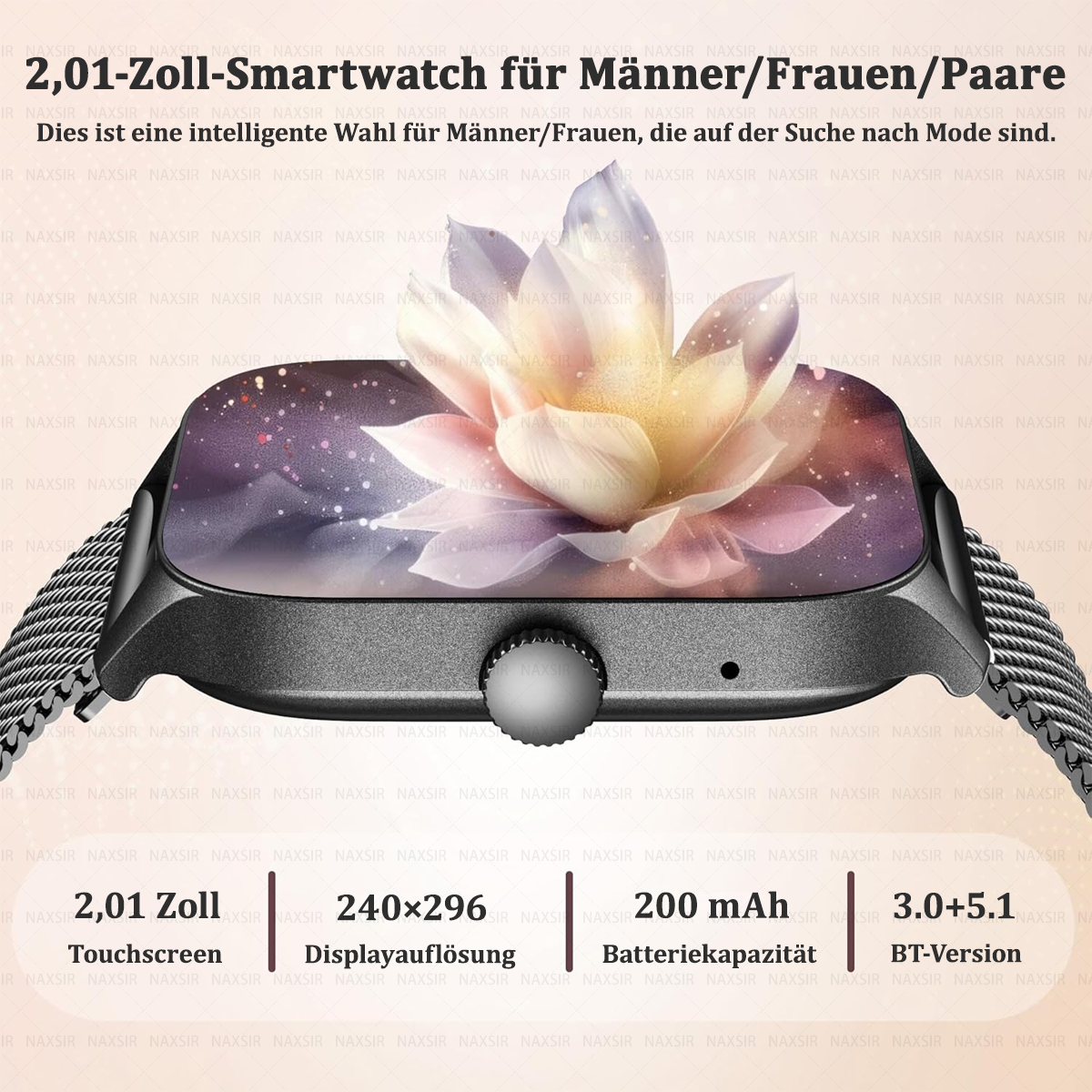 Smartwatch mit floraler Anzeige, Text für Touchscreen und Displaydetails.