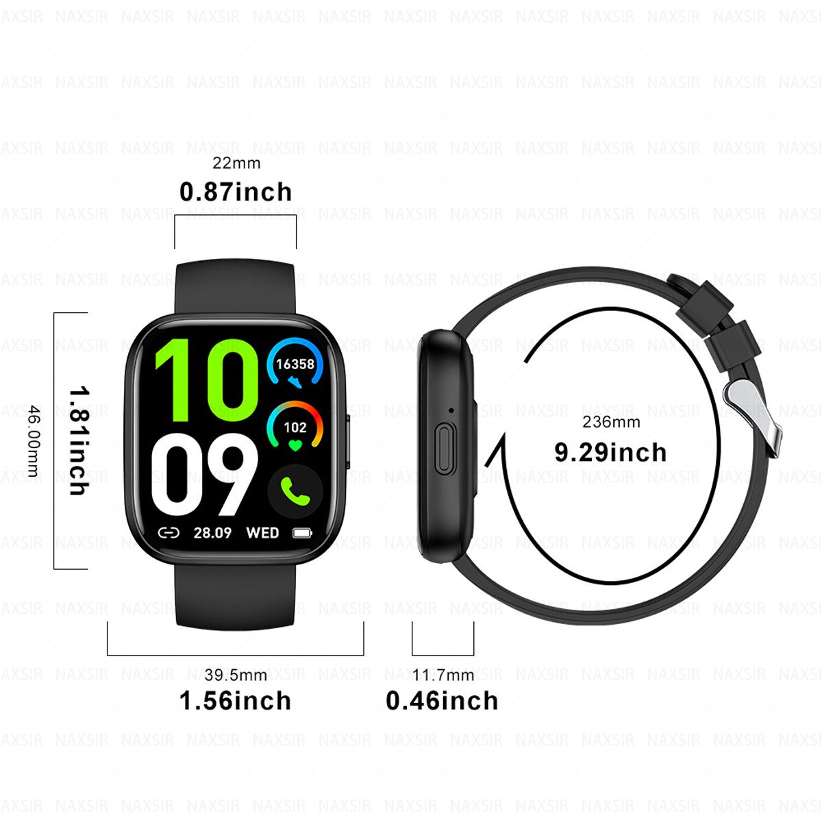 Smartwatch mit schwarzem Armband, zeigt Zeit, Datum und Gesundheitsdaten.