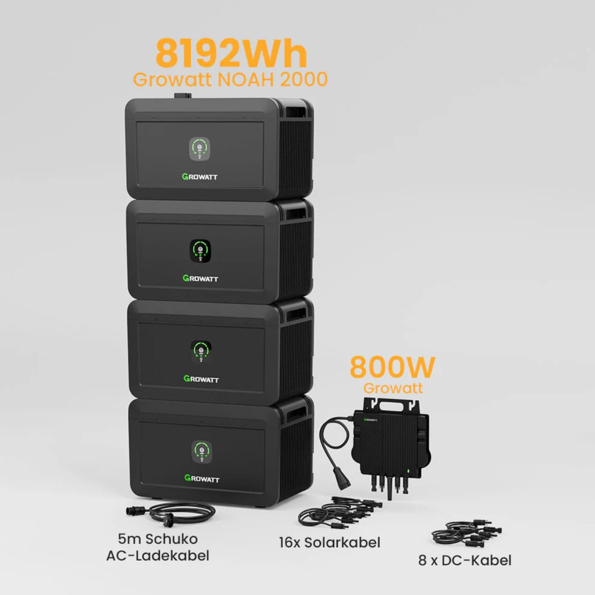 Four black Growatt NOAH 2000 power stations stacked, with an 800W Growatt inverter, and various cables.