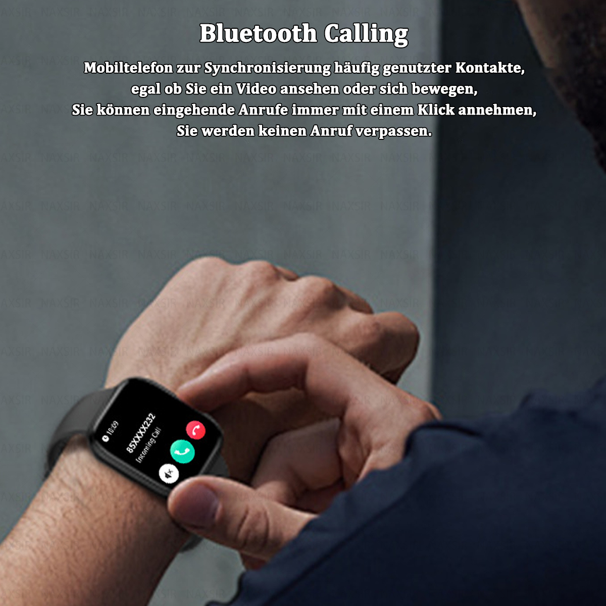 Handgelenk mit Smartwatch, zeigt eingehenden Anruf.